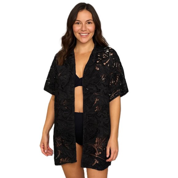 Topshop Dresses & Skirts - Topshop Black Lace Overlay Shirt Dress Embroidered Mini/knee length, Size S